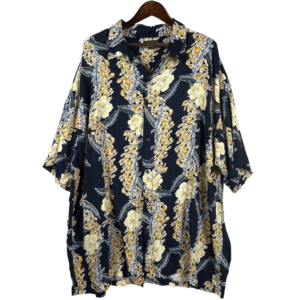 Hawaiian Hibiscus Lei Floral Shirt Mens 4XL Button Navy Yellow Resort Casual